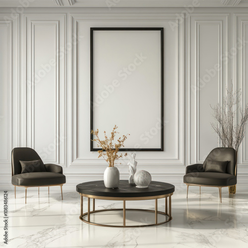 Elegant Living Room Mockup: A sophisticated living room interior design with a black frame mockup on the white wall. The room features two black armchairs, a round coffee table.