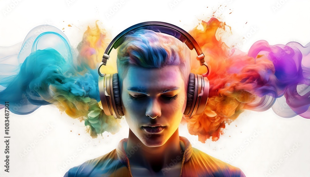 Fototapeta premium Surreal portrait of a person wearing headphones, with colorful smoke swirling around their head. The vibrant smoke creates a dynamic contrast against the calm, focused expression