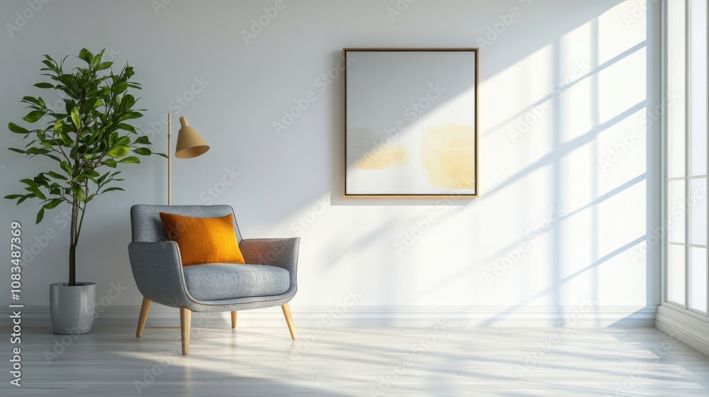 Fototapeta premium Modern minimalist living room interior with abstract artwork and a cozy armchair