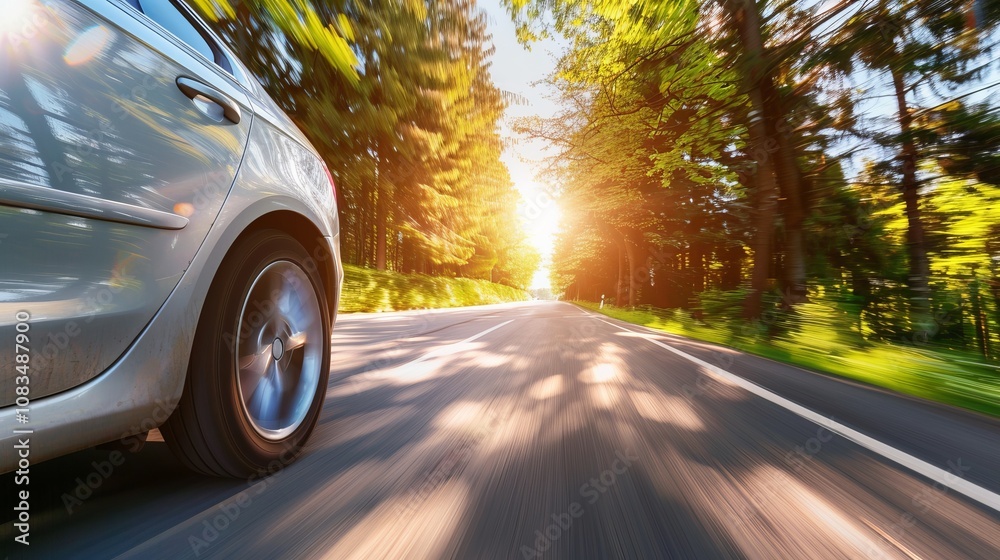 Fototapeta premium A white car is speeding down a road thought the forest. Sun setting in the background. Motion and speed concept.