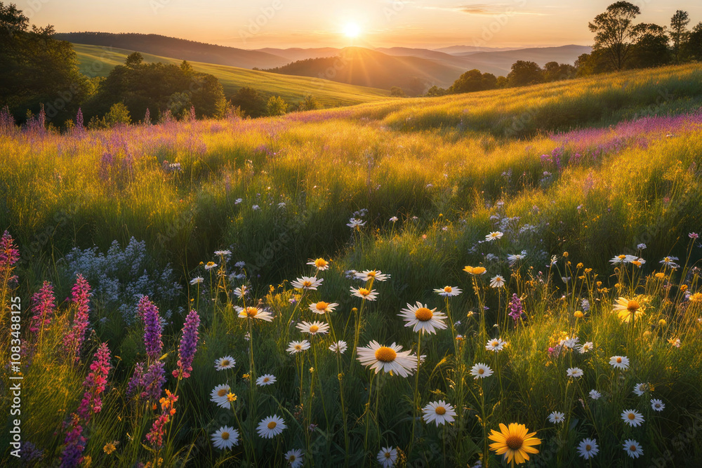 Obraz premium Vibrant sunset over wildflowers in rolling hills.