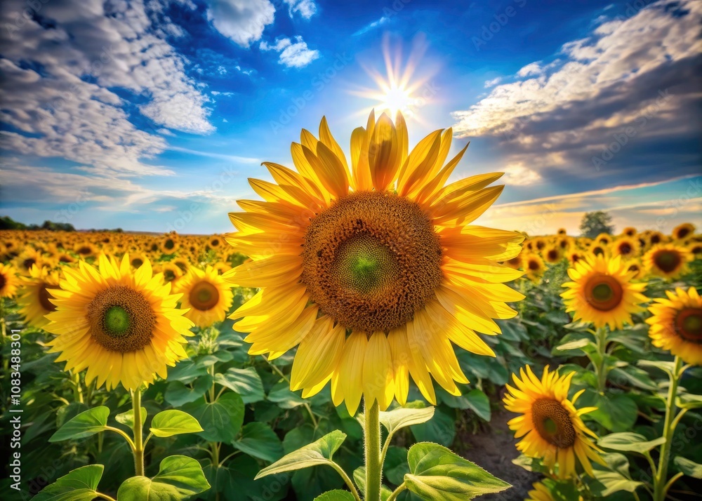 Obraz premium Stunning Portrait Photography of Sunflowers in a Field: Vibrant Yellow Blossoms Under Blue Skies with Natural Light and Scenic Beauty for Nature Lovers and Garden Enthusiasts