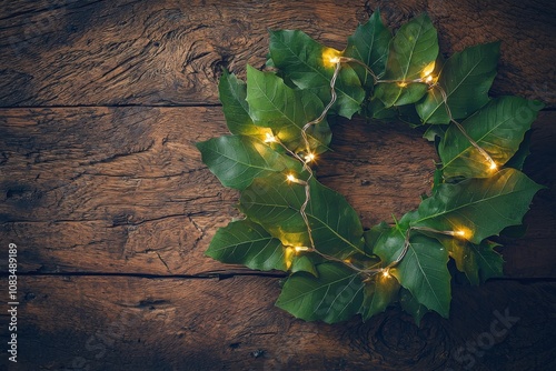 A green leaf wreath adorned with fairy lights on a rustic wooden surface.