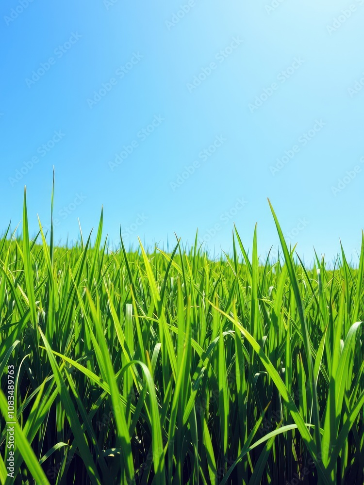 Obraz premium Vibrant and lush green grass meadow under the clear blue sky, texture
