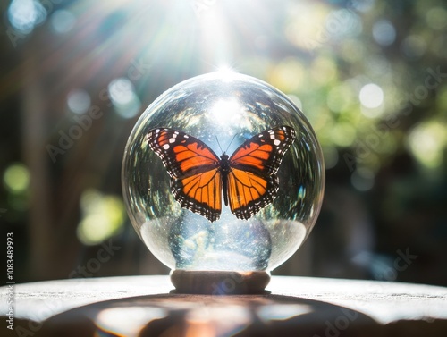 A vibrant butterfly is encased within a glass sphere, illuminated by sunlight and surrounded by a soft, dreamy background. photo