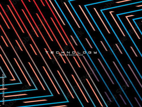 Tech Fashion Print Design with Neon Lines and Lines. Futuristic Background. Bright Stripes on Dark Background suitable for textiles, fabrics, digital technology, websites, etc.