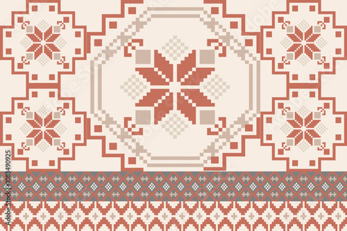 Art Abstract with Pixel Art Designs. Traditional Cross Stitch needlework. Geometric Ethnic Pattern, Embroidery, Textile Ornamental, Fabric, Hand Stitch Pattern, Cultural Stitching Pixel Art