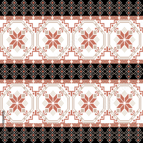 Art Abstract with Pixel Art Designs. Traditional Cross Stitch needlework. Geometric Ethnic Pattern, Embroidery, Textile Ornamental, Fabric, Hand Stitch Pattern, Cultural Stitching Pixel Art