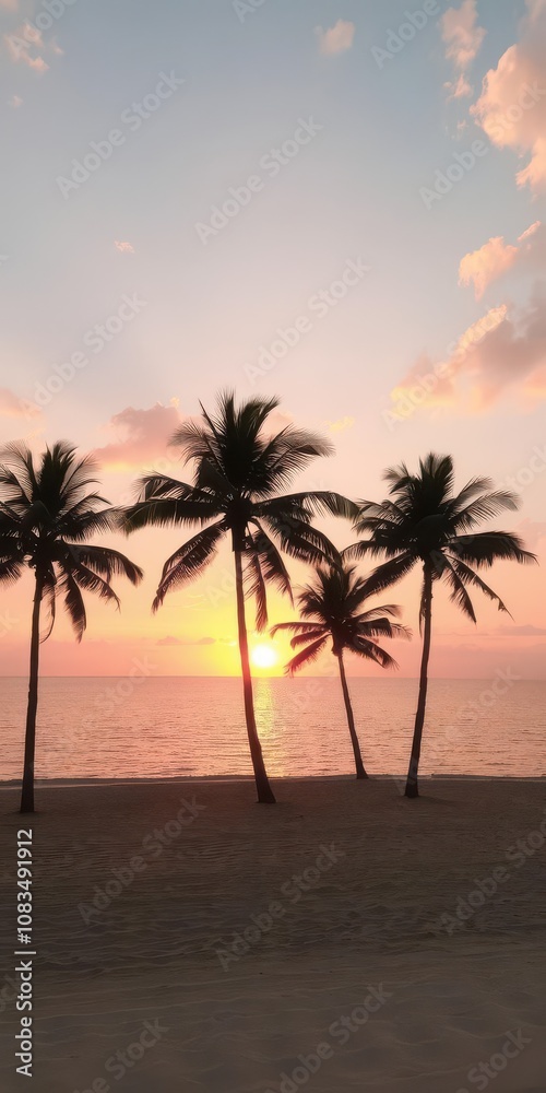 Fototapeta premium Vibrant sunset over a calm sea on a sandy beach with silhouetted palm trees, dusk, peaceful