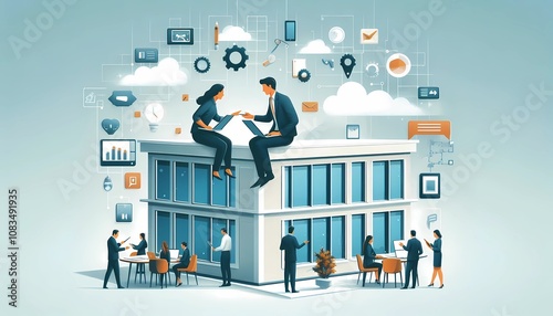 Two people interacting with digital devices, exchanging ideas. A small window, a great architectural project. Ideal for teamwork, digital communication, e-commerce, productivity, technology