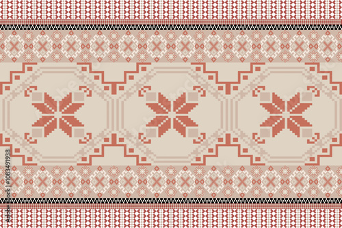 Art Abstract with Pixel Art Designs. Traditional Cross Stitch needlework. Geometric Ethnic Pattern, Embroidery, Textile Ornamental, Fabric, Hand Stitch Pattern, Cultural Stitching Pixel Art