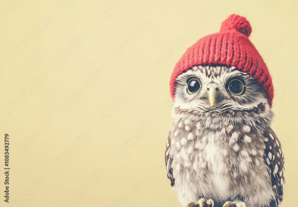 Obraz premium Adorable Owl in Pastel Red Santa Hat on Solid Background .