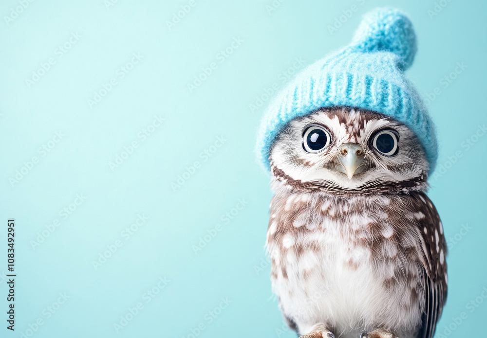 Obraz premium Adorable Owl in Pastel Red Santa Hat on Solid Background .