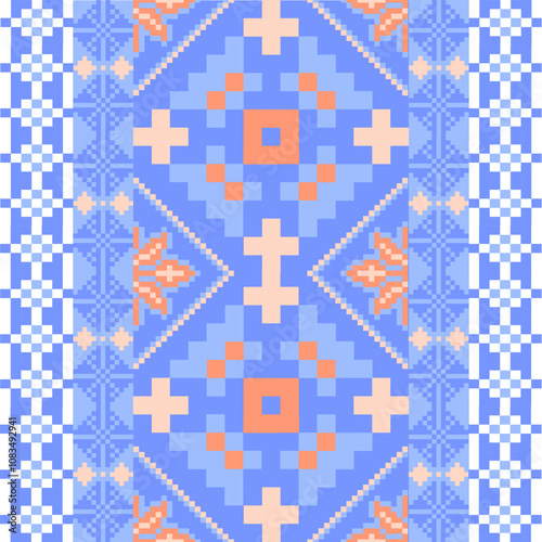 Art Abstract with Pixel Art Designs. Traditional Cross Stitch needlework. Geometric Ethnic Pattern, Embroidery, Textile Ornamental, Fabric, Hand Stitch Pattern, Cultural Stitching Pixel Art