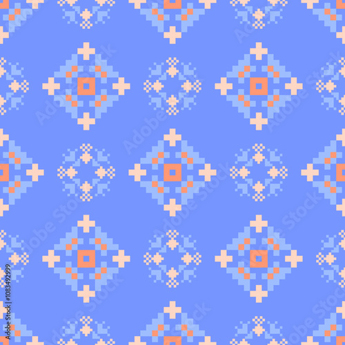 Art Abstract with Pixel Art Designs. Traditional Cross Stitch needlework. Geometric Ethnic Pattern, Embroidery, Textile Ornamental, Fabric, Hand Stitch Pattern, Cultural Stitching Pixel Art