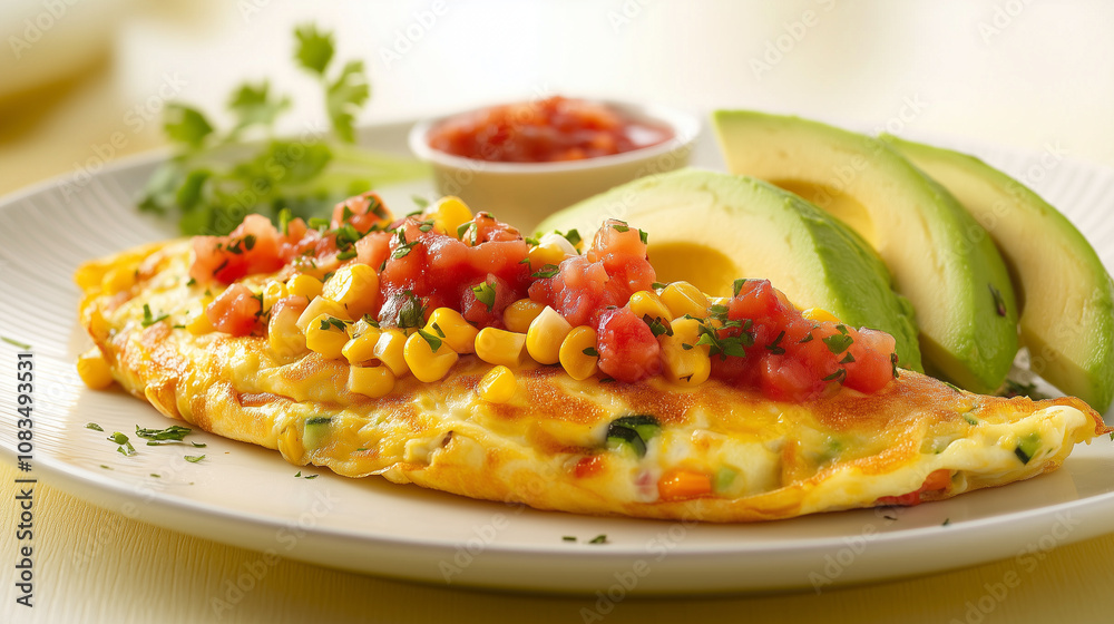 Fototapeta premium Corn and Avocado Omelette with Fresh Salsa