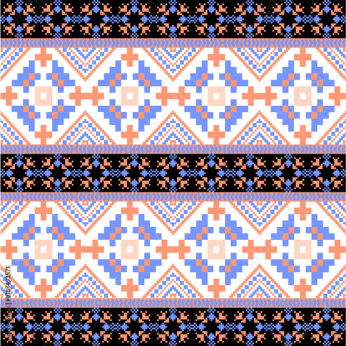 Art Abstract with Pixel Art Designs. Traditional Cross Stitch needlework. Geometric Ethnic Pattern, Embroidery, Textile Ornamental, Fabric, Hand Stitch Pattern, Cultural Stitching Pixel Art