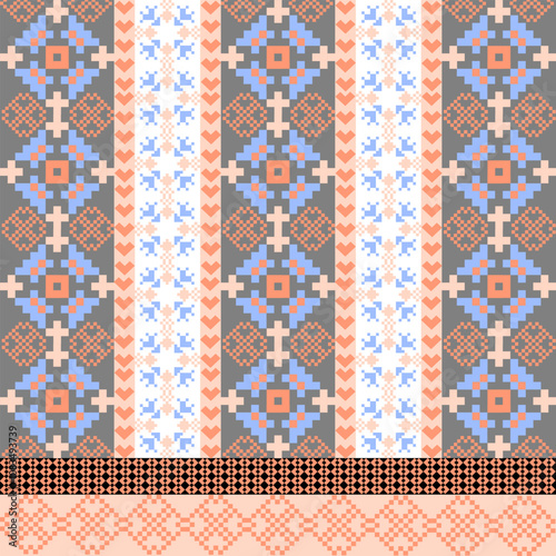 Art Abstract with Pixel Art Designs. Traditional Cross Stitch needlework. Geometric Ethnic Pattern, Embroidery, Textile Ornamental, Fabric, Hand Stitch Pattern, Cultural Stitching Pixel Art