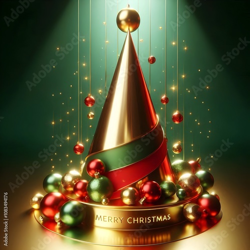 Christmas Gift: Cute and elegant Christmas pyramid ornament with the wish of Merry Christmas written on it, on a wonderful and captivating background of beautiful Christmas colors. photo