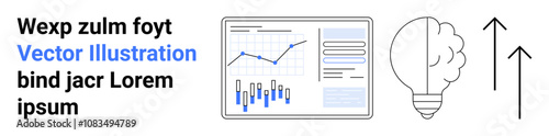 Text format, analytics chart, light bulb signifying ideas, arrows depicting growth. Ideal for data analysis, innovation, business strategies, creativity, progress, marketing, technology Landing page