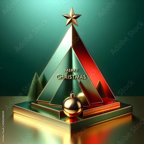 Christmas Gift: Cute and elegant Christmas pyramid ornament with the wish of Merry Christmas written on it, on a wonderful and captivating background of beautiful Christmas colors. photo