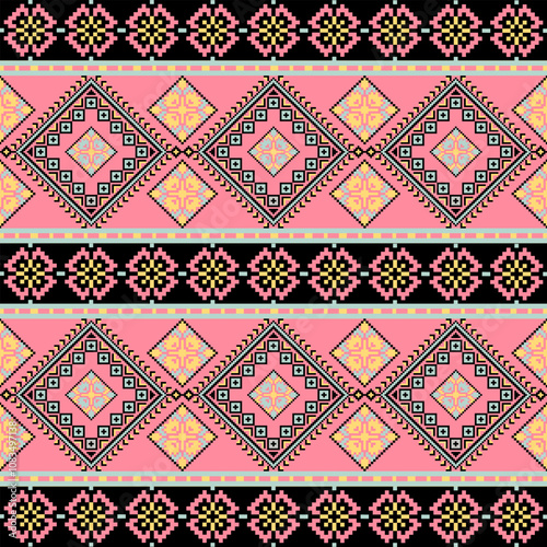 Art Abstract with Pixel Art Designs. Traditional Cross Stitch needlework. Geometric Ethnic Pattern, Embroidery, Textile Ornamental, Fabric, Hand Stitch Pattern, Cultural Stitching Pixel Art