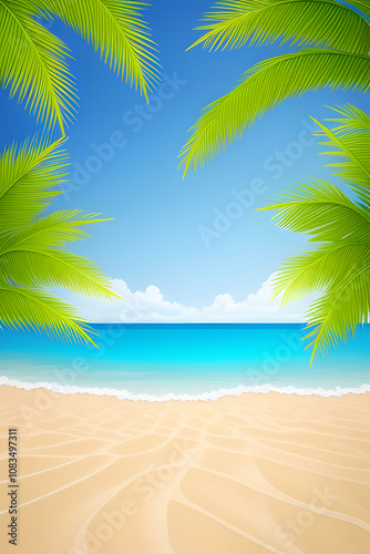 summer beach background of sand, sea and palm leaves
