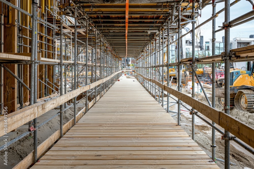 Fototapeta premium A wooden walkway within a construction site surrounded by scaffolding and machinery.