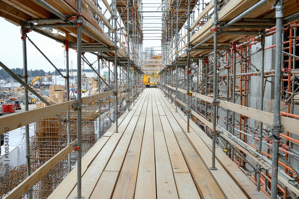 Fototapeta premium A view of scaffolding at a construction site with wooden walkways.