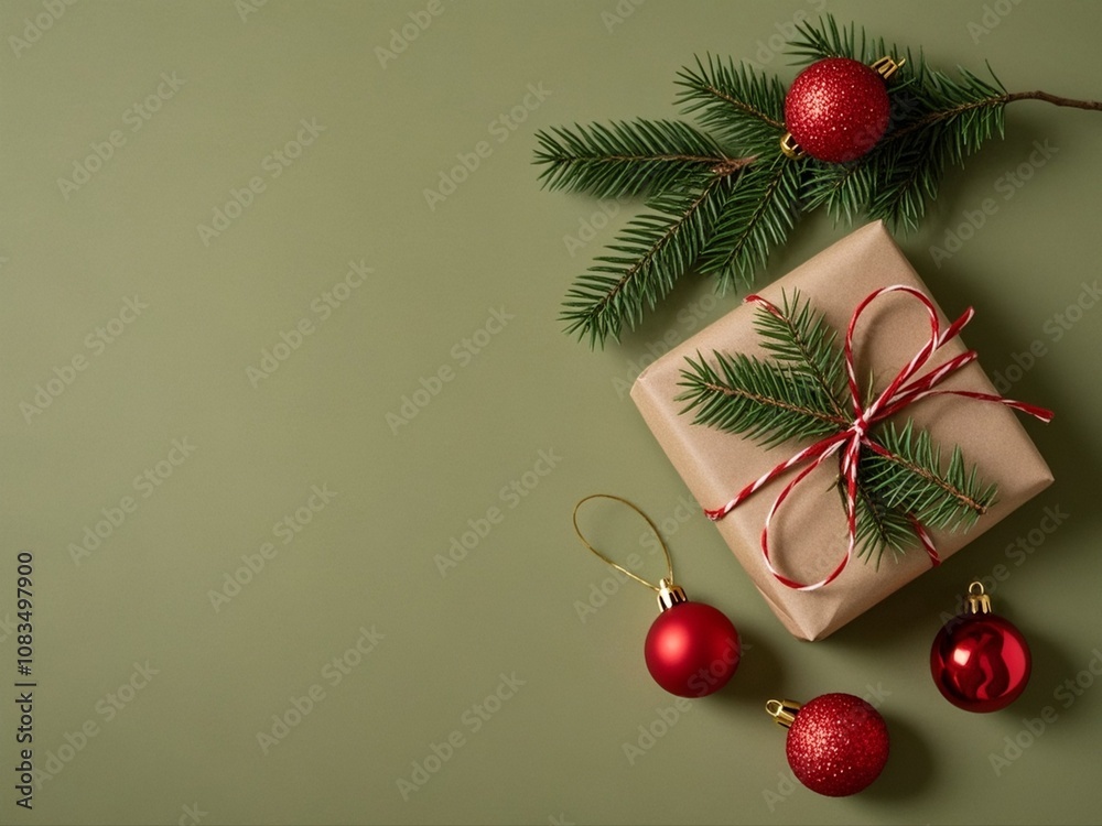Christmas gift and decorations on olive background with copy space on left side, flat lay.