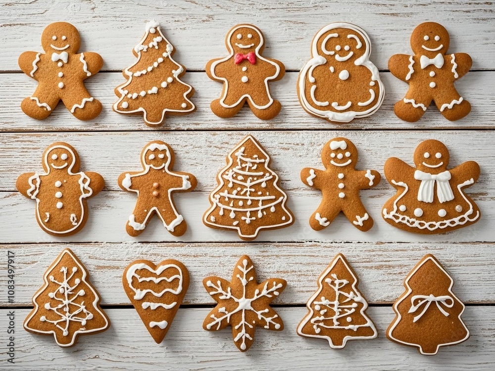 Different Christmas gingerbread cookies on white wooden table, flat lay