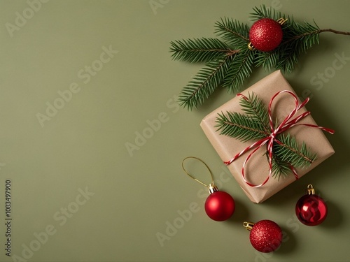 Christmas gift and decorations on olive background with copy space on left side, flat lay​.