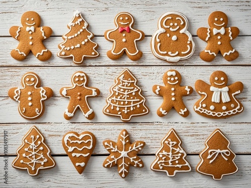 Obraz na płótnie Different Christmas gingerbread cookies on white wooden table, flat lay w salonie