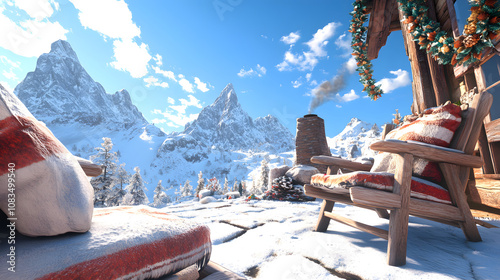 Gemütliche Winterterrasse mit Blick auf verschneite Berge und strahlend blauem Himmel photo