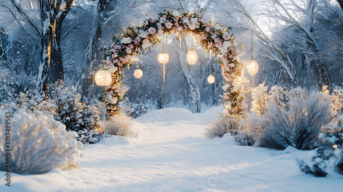 Beautiful winter wedding arch decorated with flowers and lanterns in a serene snowy landscape, creating a magical and romantic atmosphere for ceremonies