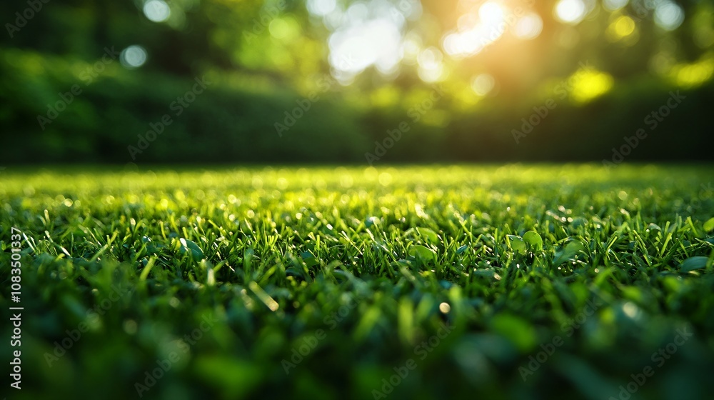 Naklejka premium Green and vibrant grass on a soccer field, close up with beautiful bokeh and stripes , Soccer, Field, Grass, Green, Bright