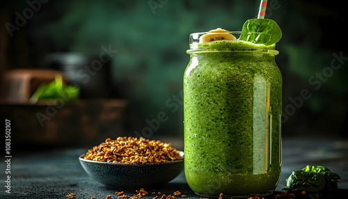 Green smoothie in mason jar with banana and spinach, granola. photo