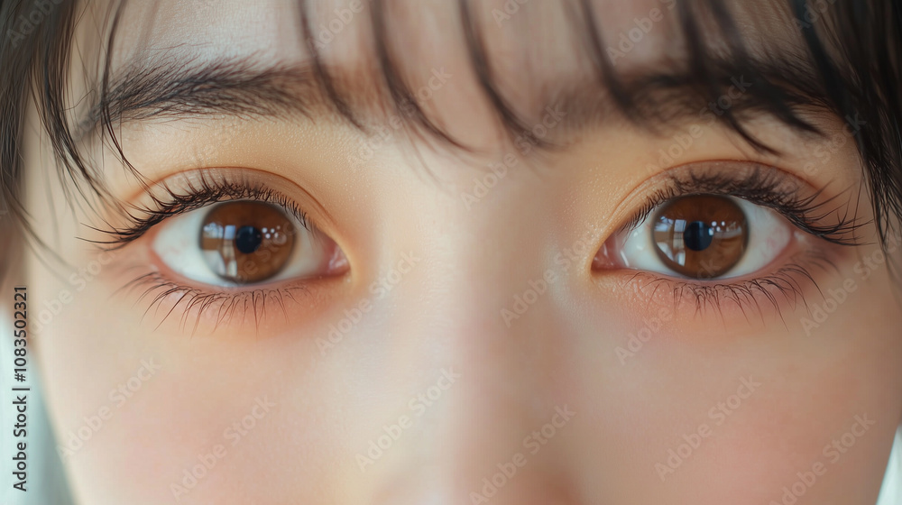 Obraz premium 若いアジア人女性の目元のクローズアップ｜両目・まつ毛・前髪の美容撮影