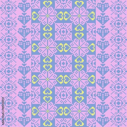 Art Abstract with Pixel Art Designs. Traditional Cross Stitch needlework. Geometric Ethnic Pattern, Embroidery, Textile Ornamental, Fabric, Hand Stitch Pattern, Cultural Stitching Pixel Art