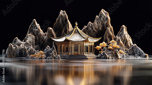 Chinese landscape model, mountains made of gold and silver foil material, with pavilions on the mountain peaks, with trees in front of them, dark background photo