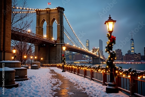 Brooklyn Bridge adorned with warm white Christmas lights and garlands, art deco lampposts wrapped in red ribbons, snowy path, Manhattan skyline glowing golden, East River reflecting at winter dusk