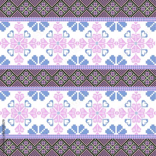 Art Abstract with Pixel Art Designs. Traditional Cross Stitch needlework. Geometric Ethnic Pattern, Embroidery, Textile Ornamental, Fabric, Hand Stitch Pattern, Cultural Stitching Pixel Art