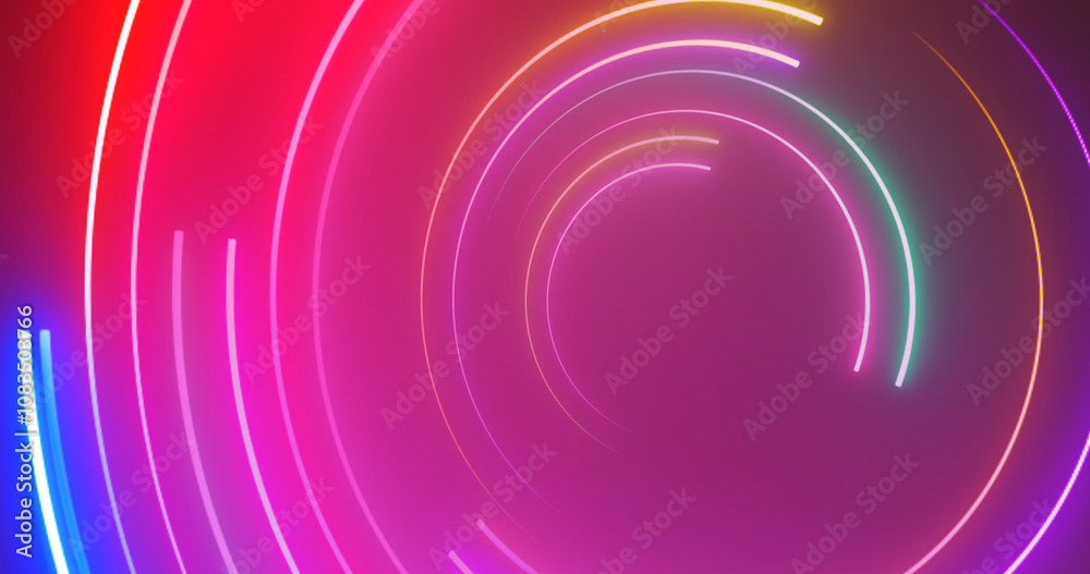 Obraz premium 3d Neon circles moving loop. Show starter intro background for videos, titles. Glowing circles light laser like glowing geometric 3d hypnotizing clip. Striped neon club bg. Illuminated swirl curve.