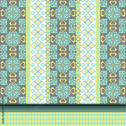 Art Abstract with Pixel Art Designs. Traditional Cross Stitch needlework. Geometric Ethnic Pattern, Embroidery, Textile Ornamental, Fabric, Hand Stitch Pattern, Cultural Stitching Pixel Art