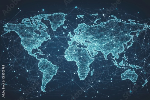 A digital world map with interconnected lines, symbolizing global connectivity and technology.