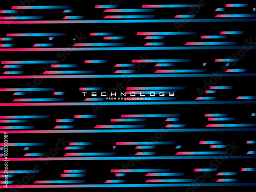 Tech Fashion Print Design with Neon Lines and Lines. Futuristic Background. Bright Stripes on Dark Background suitable for textiles, fabrics, digital technology, websites, etc.