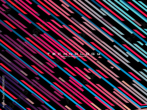 Tech Fashion Print Design with Neon Lines and Lines. Futuristic Background. Bright Stripes on Dark Background suitable for textiles, fabrics, digital technology, websites, etc.