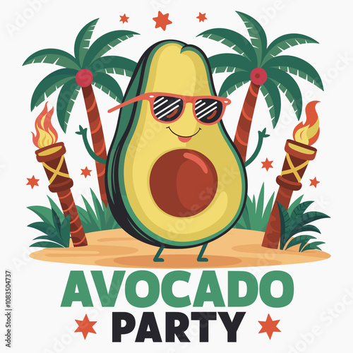Fun Avocado Party Illustration with Sunglasses and Tropical Vibes - T-Shirt Print Design