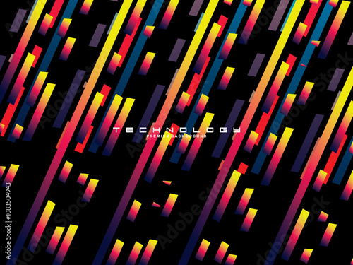 Tech Fashion Print Design with Neon Lines and Lines. Futuristic Background. Bright Stripes on Dark Background suitable for textiles, fabrics, digital technology, websites, etc.