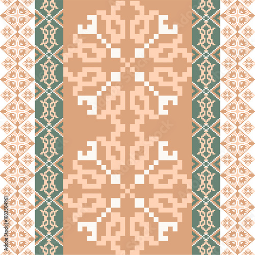 Art Abstract with Pixel Art Designs. Traditional Cross Stitch needlework. Geometric Ethnic Pattern, Embroidery, Textile Ornamental, Fabric, Hand Stitch Pattern, Cultural Stitching Pixel Art